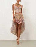 Australian Resort Printed Bustier Top + Silk-Linen Draped High-Low Skirt