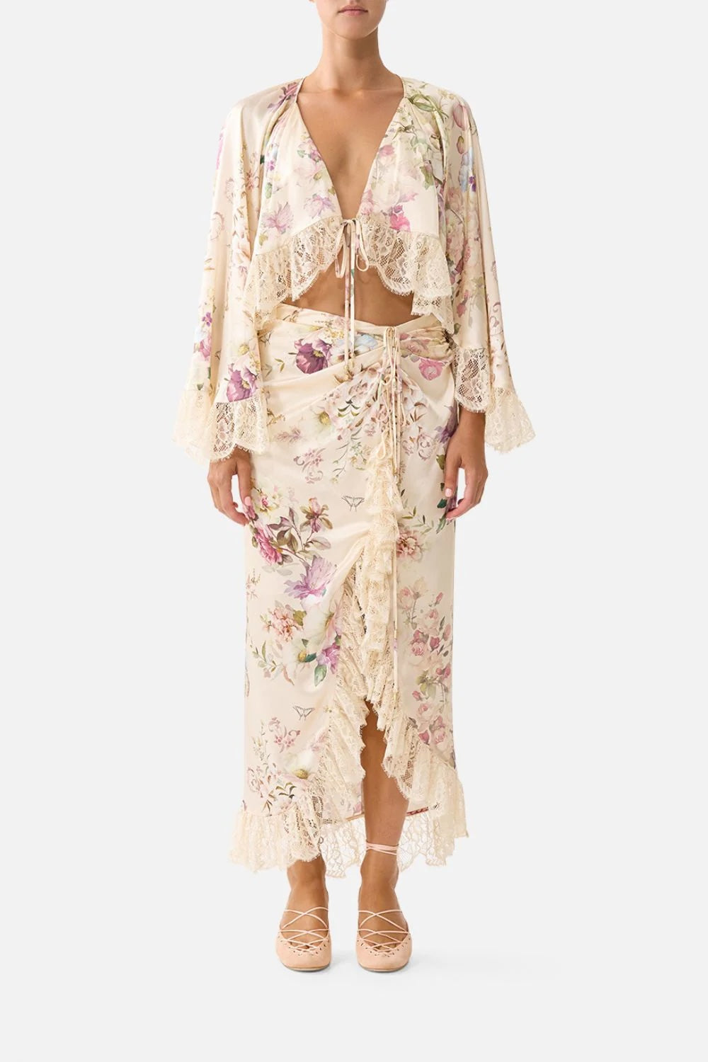 Camilla Australia French Romantic Printed Top + Ruffled Lace Resort Skirt Set