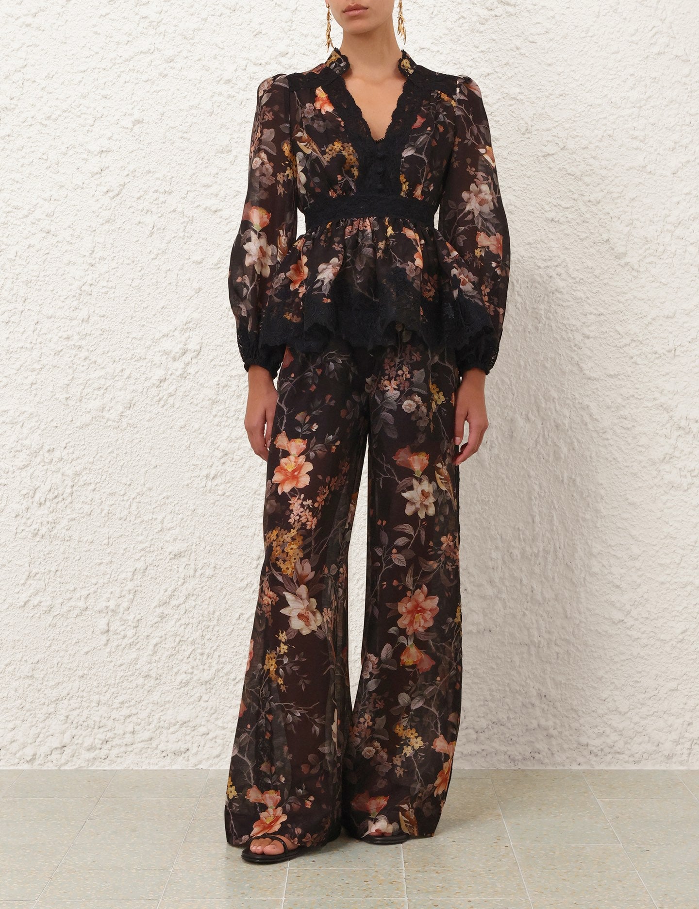 Zimmermann Lace-Trimmed Peplum Top and Black Bird Print Silk-Linen Pants Set