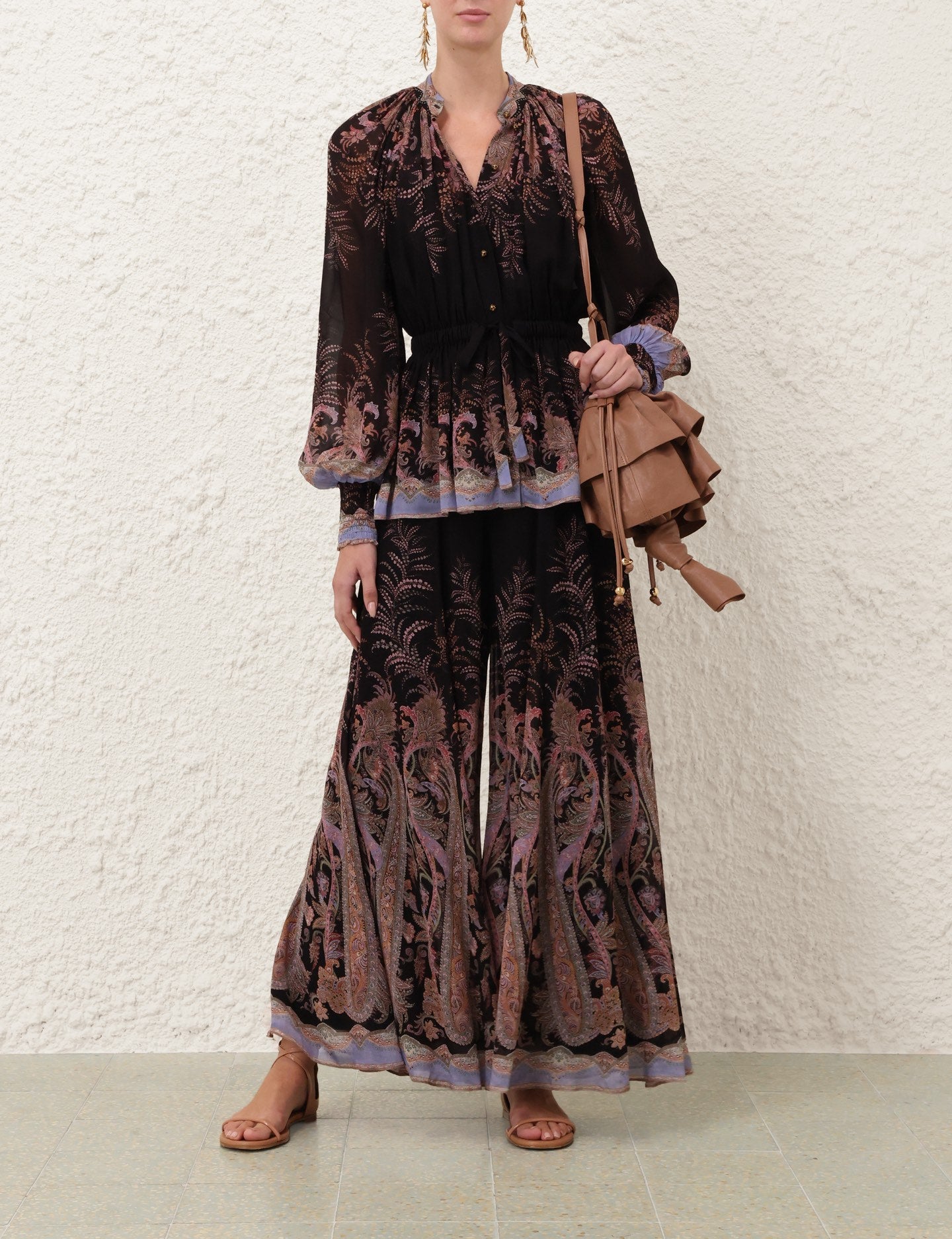 Australian New Style Black Paisley Drawstring Blouse + Black Paisley Culottes Set