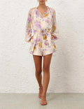New Australian Style Printed Flowy Ruffle Shirt + Cream Dahlia Pattern Flat-Front Shorts