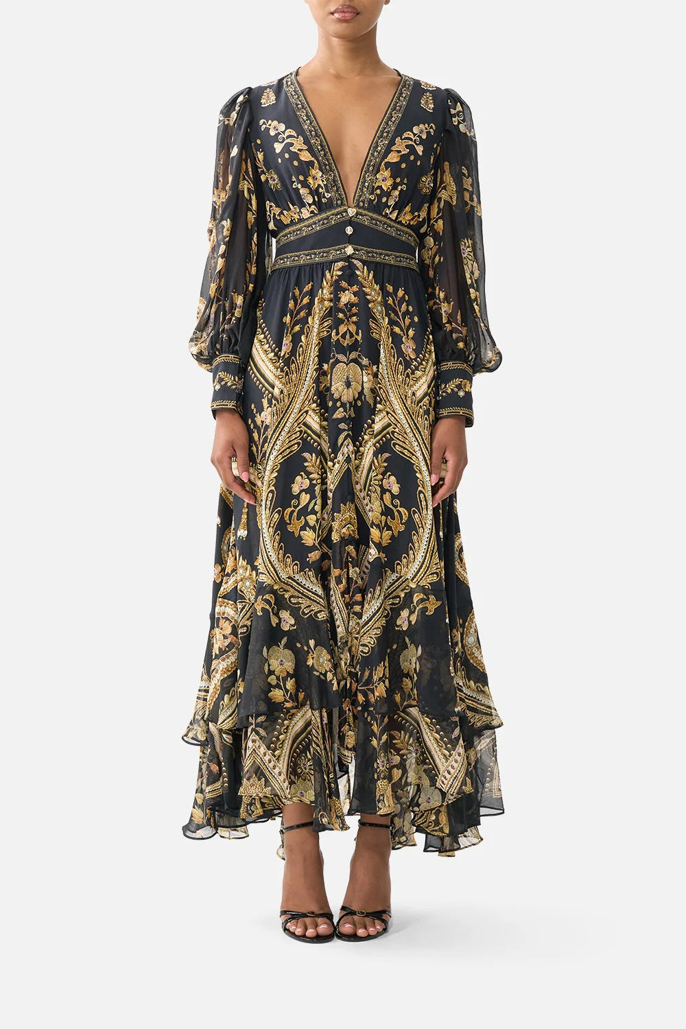 Australian Camilla Vintage Print V-Neck Long Sleeve Maxi Dress