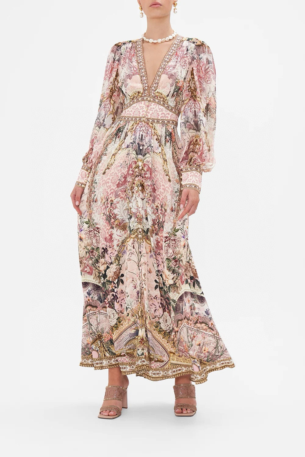 Australian Camilla Vintage Print V-Neck Long Sleeve Maxi Dress