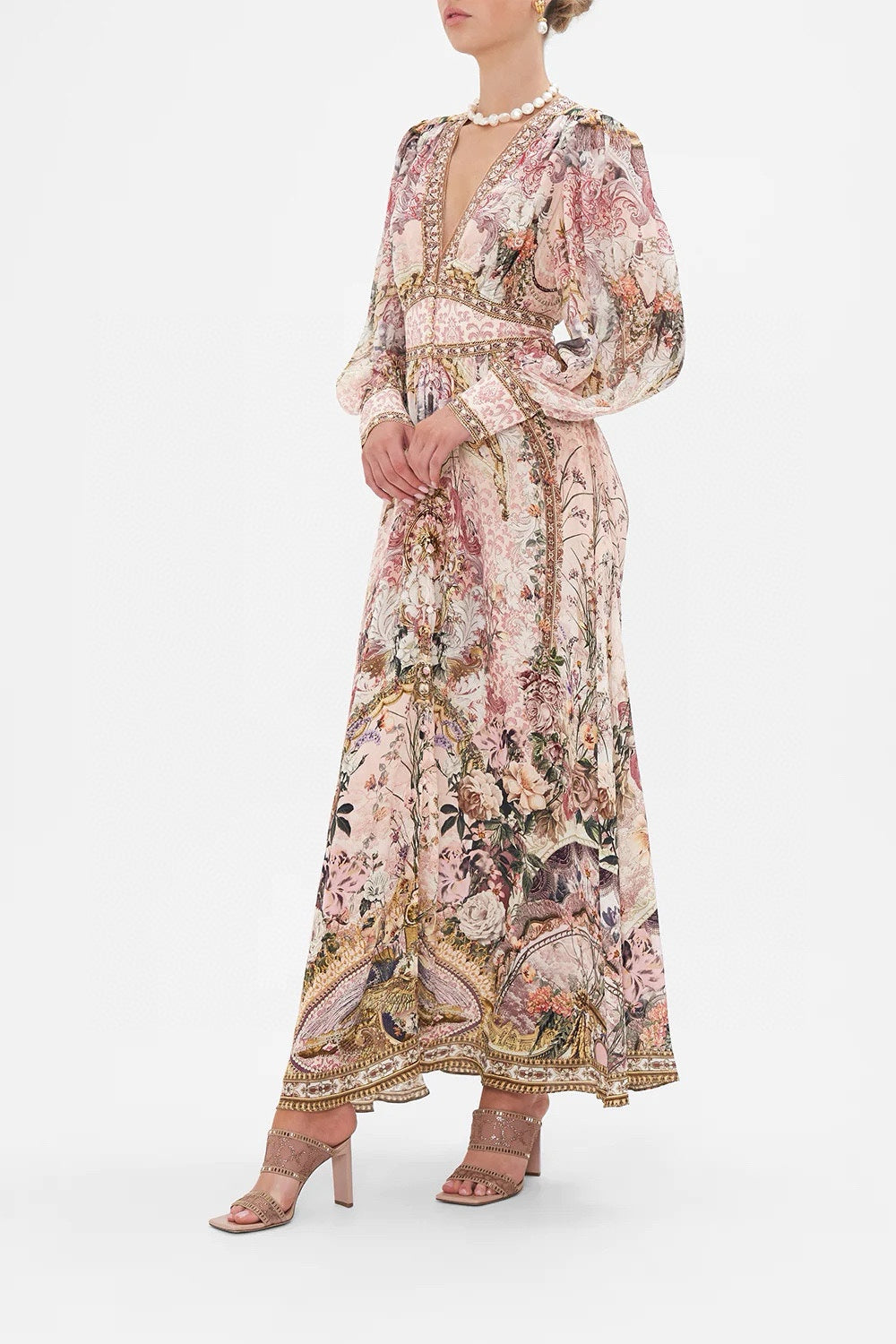 Australian Camilla Vintage Print V-Neck Long Sleeve Maxi Dress