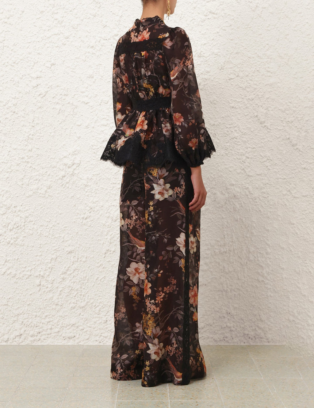 Zimmermann Lace-Trimmed Peplum Top and Black Bird Print Silk-Linen Pants Set