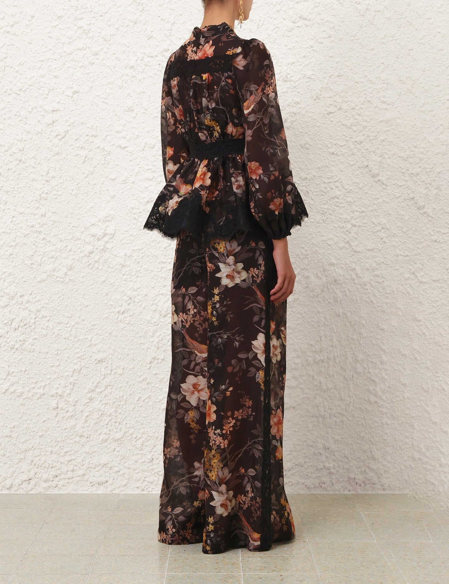 Zimmermann Lace-Trimmed Peplum Top and Black Bird Print Silk-Linen Pants Set