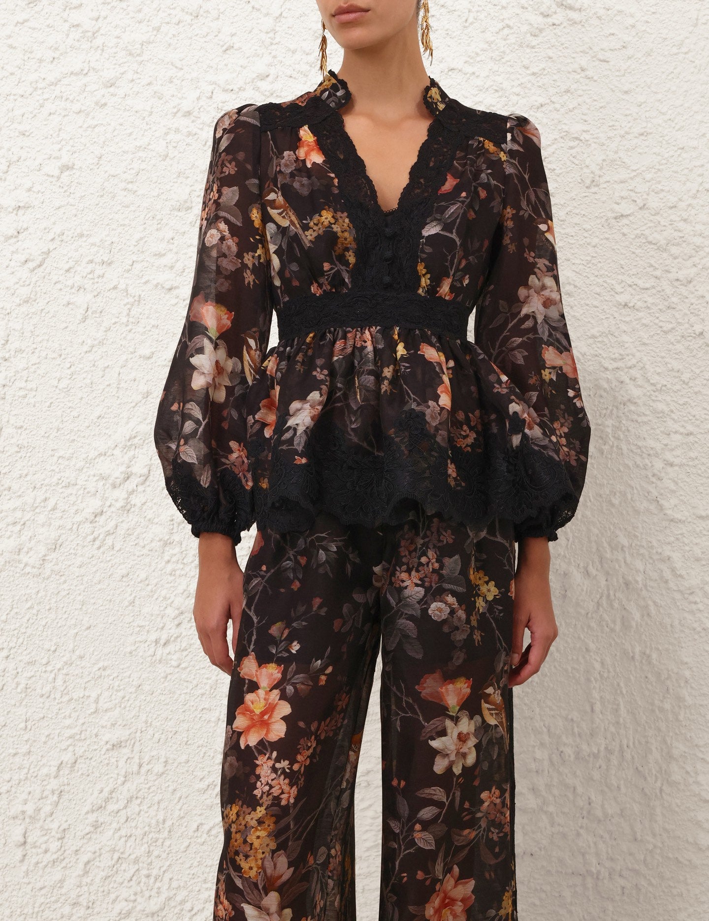 Zimmermann Lace-Trimmed Peplum Top and Black Bird Print Silk-Linen Pants Set