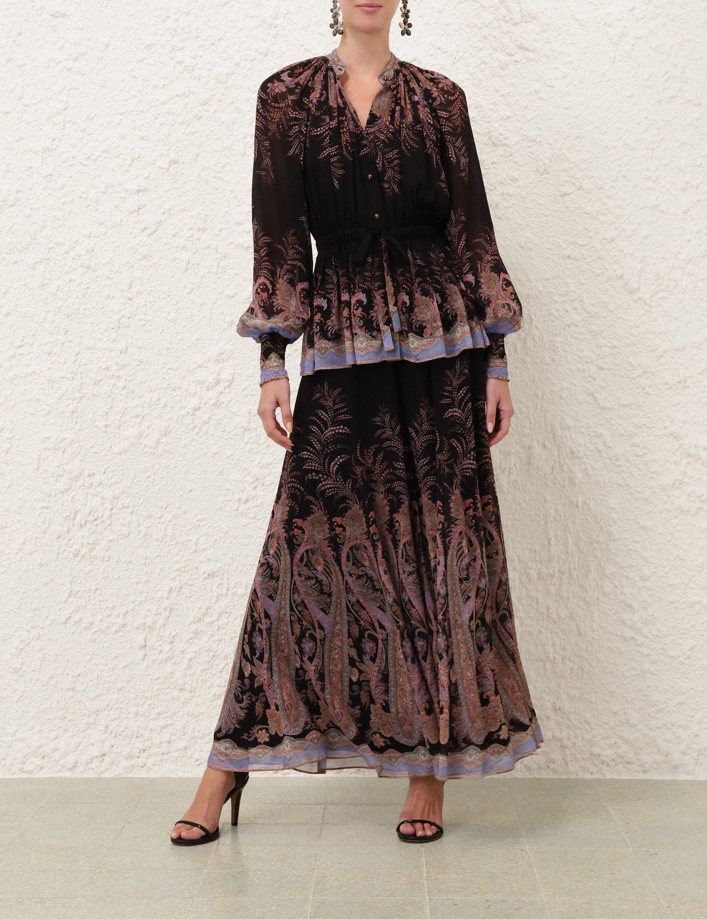 Australian New Style Black Paisley Drawstring Blouse + Black Paisley Culottes Set