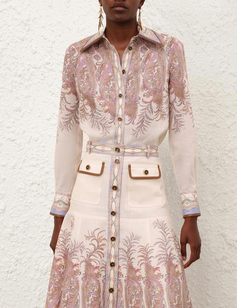 New Australian Style Ramie Slim-Fit Long-Sleeve Shirt + Linen A-Line Skirt