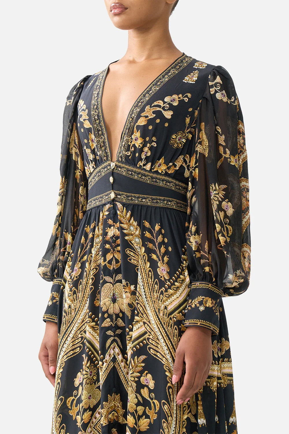 Australian Camilla Vintage Print V-Neck Long Sleeve Maxi Dress