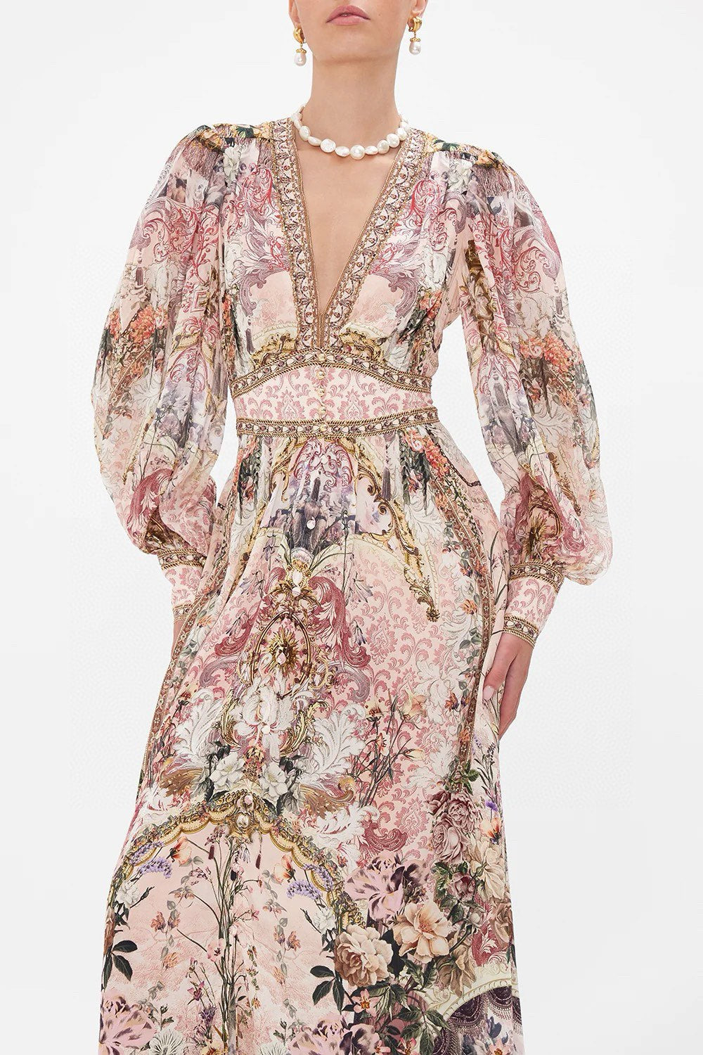 Australian Camilla Vintage Print V-Neck Long Sleeve Maxi Dress