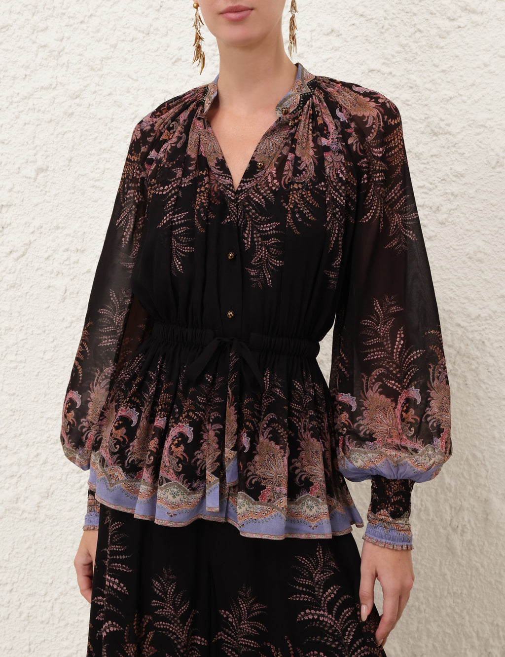 Australian New Style Black Paisley Drawstring Blouse + Black Paisley Culottes Set