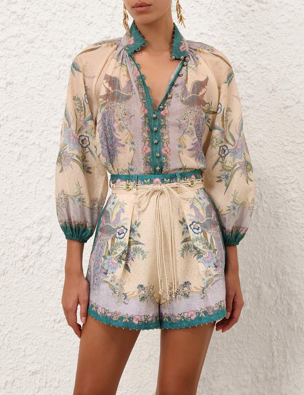New Cream Floral Pattern Women’s Shirt Top + Linen Cream Printed Ruched Shorts