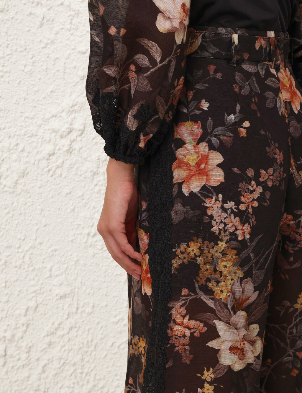 Zimmermann Lace-Trimmed Peplum Top and Black Bird Print Silk-Linen Pants Set