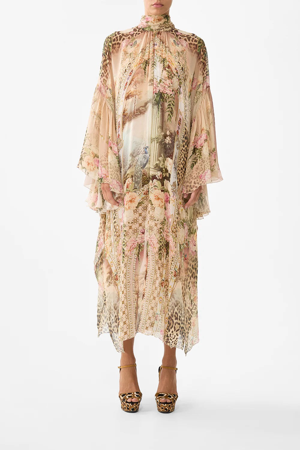VGH French Court Style Retro Elegant Dress, Ruffle Silk Printed Loose Luxury Temperament Long Dress